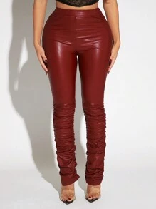 SHEIN SXY PU皮革堆堆褲 - 酒紅色 - 查看 3