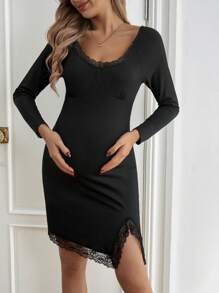 SHEIN Maternidad Vestido ajustado ribete con encaje bajo con abertura