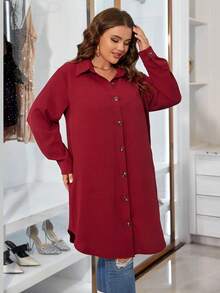 Celure Plus Solid Button Front Curved Hem Coat - Burgundy - View 6
