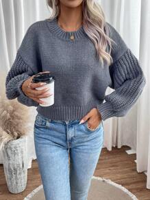SHEIN LUNE Pull tricoté à épaules tombantes pour l'automne et l'hiver - Gris - Voir 4
