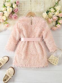 SHEIN Young Girl Solid Fuzzy Belted Dress - Pink - View 2