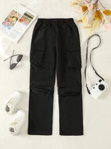SHEIN Cô gái Tween Túi nắp bên cạnh Quần Cargo - màu đen - Xem 1