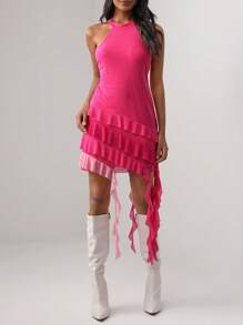 VERO DIAZ 素色不對稱下擺掛脖洋裝 - 玫紅色 - 查看 1