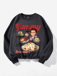 SHEIN Qutie Plus Letter & Figure Graphic Drop Shoulder Thermal Sweatshirt - Dark Grey - View 3