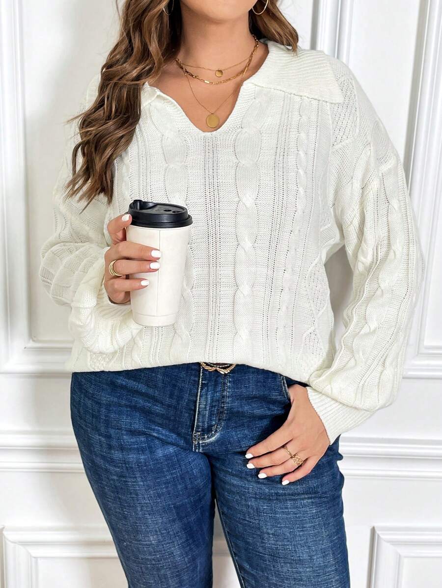 SHEIN LUNE Plus Cable Knit Drop Shoulder Sweater - White - View 1
