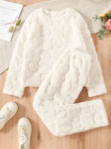 Teen Girl Heart Pattern Flannel PJ Set - White - View 1