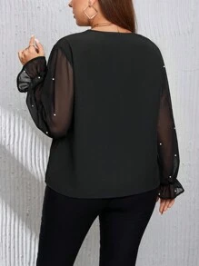 SHEIN Privé Plus Pearls Beaded Flounce Sleeve Blouse - Black - View 2