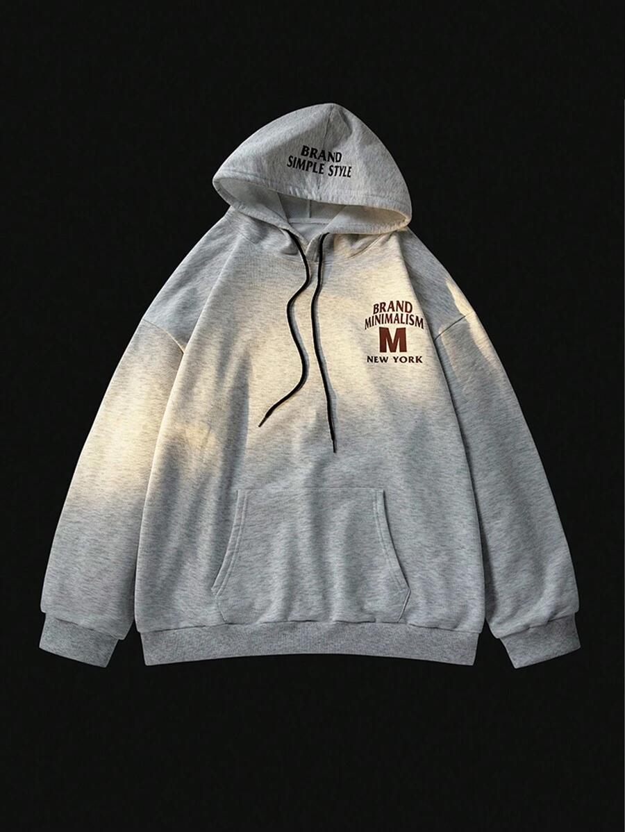 Manfinity Homme Men Letter Graphic Kangaroo Pocket Drawstring Oversize Hoodie - Grey - View 1