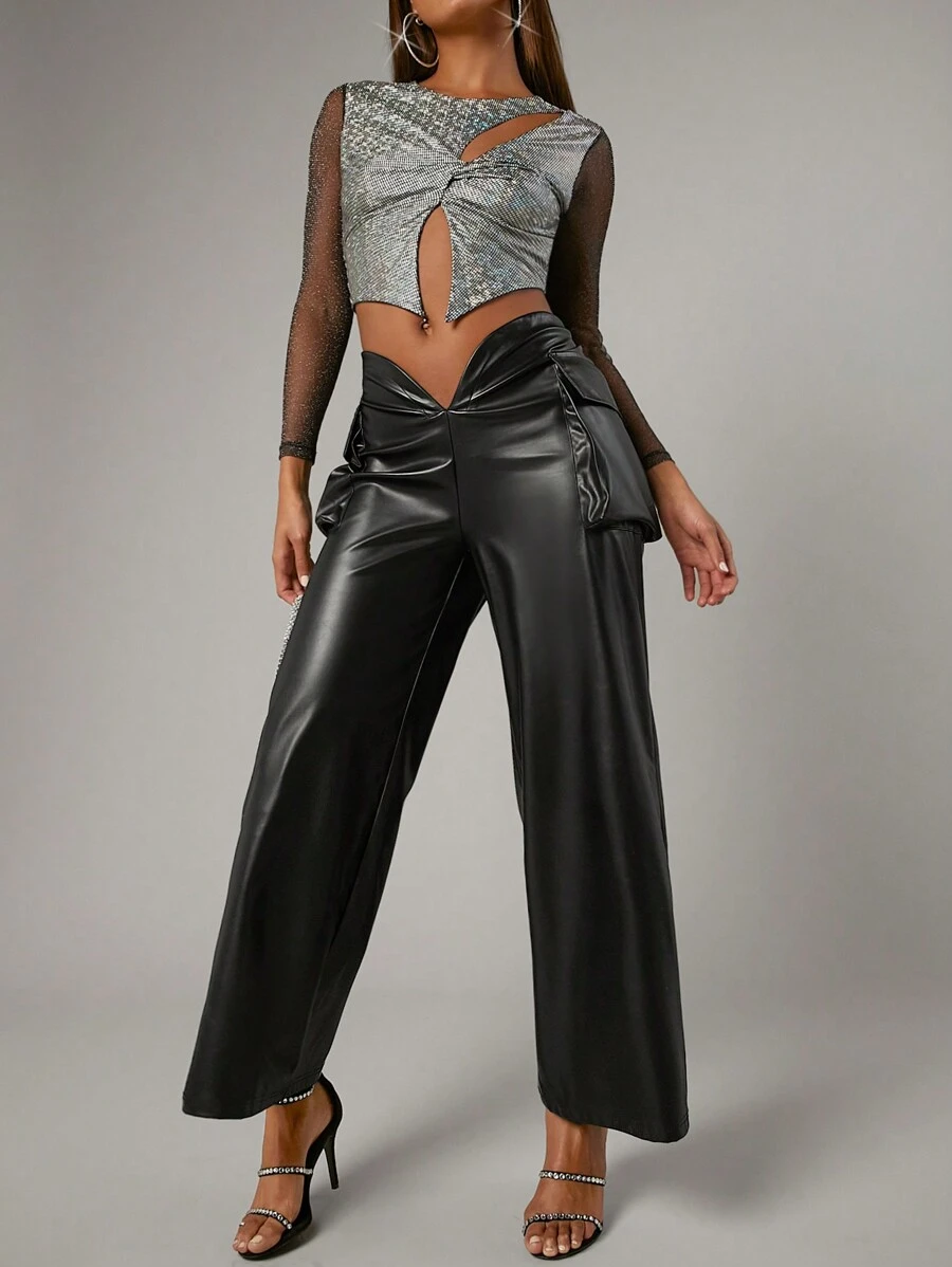 Hauture Notch Waist PU Leather Wide Leg Pants - Black - View 1