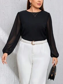 SHEIN Privé 大碼素色燈籠袖襯衫