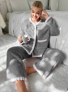 Contrast Trim Flannel Lounge Set, Fall Winter Clothes, Cozy Outfit, Fluffy Pajama - Grey - View 6