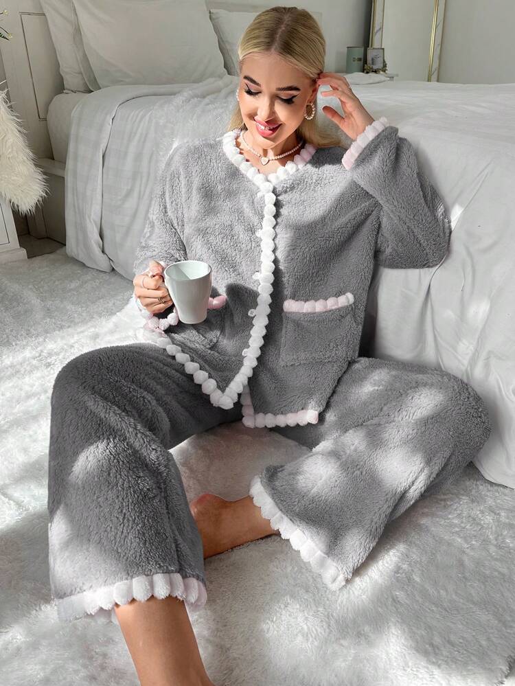 Contrast Trim Flannel Lounge Set, Fall Winter Clothes, Cozy Outfit, Fluffy Pajama