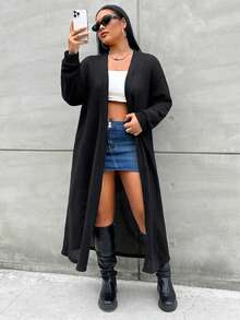 Flirla Talla grande Abrigo largo de hombros caídos con parte delantera abierta - Negro - Ver 3