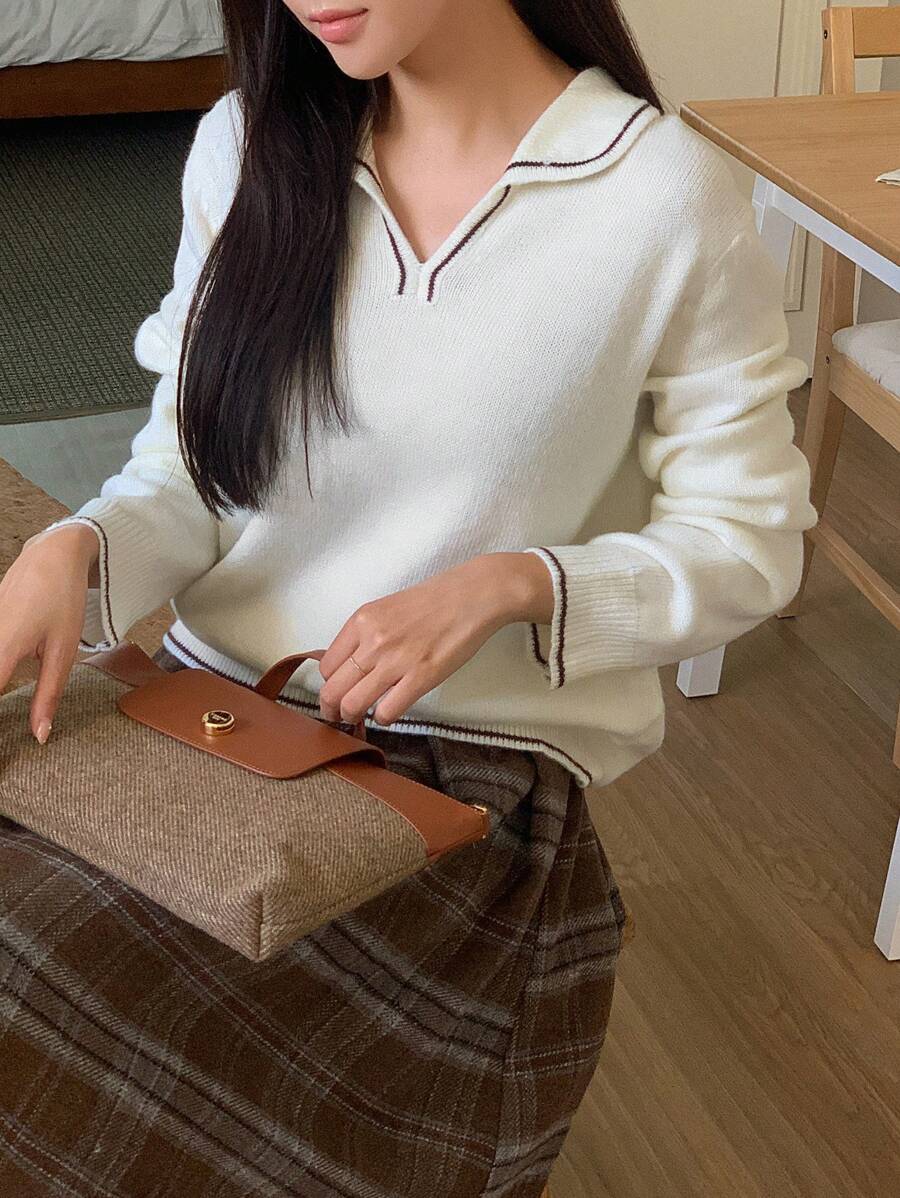 DAZY Viền tương phản Thả vai Áo len - Màu be - Xem 1