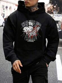 Manfinity EMRG Sudadera Con Capucha Para Hombre Con Cordón De Impresión Floral Y Lema - Negro - Ver 1