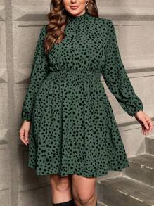 SHEIN Clasi 大碼斑點印花燈籠袖洋裝 - 綠色 - 查看 3