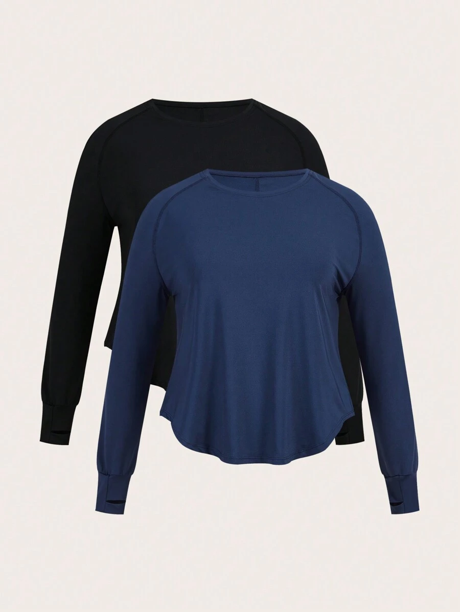 SHEIN Yoga Trendy Plus 2pcs Solid Curved Hem Tee - Blue - View 1