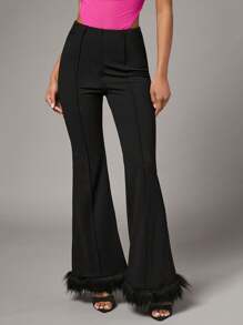 SHEIN BAE Fuzzy Hem Flare Leg Pants - Black - View 1