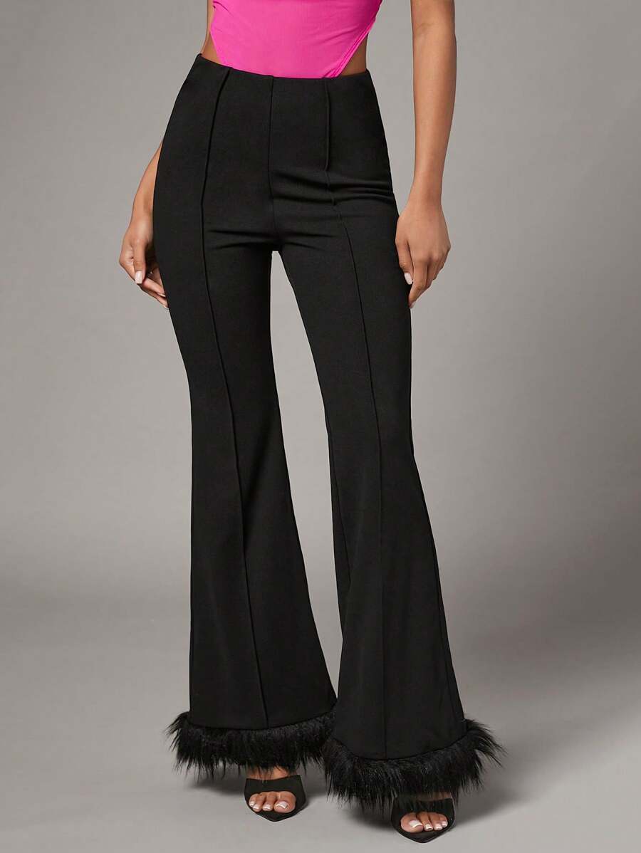 SHEIN BAE Fuzzy Hem Flare Leg Pants - Black - View 1