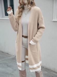 SHEIN LUNE 拼接邊落肩袖口袋貼布腰帶開襟衫 - 駝色 - 查看 3