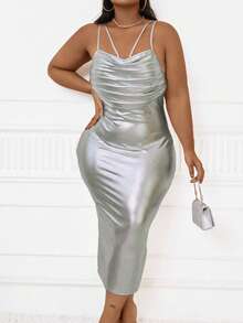 SHEIN BAE Plus Ruched Front Cami Dress - Silver - View 4