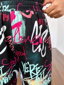 SHEIN 女大童字母圖案彈性腰帶衛褲 - 黑色 - 查看 5