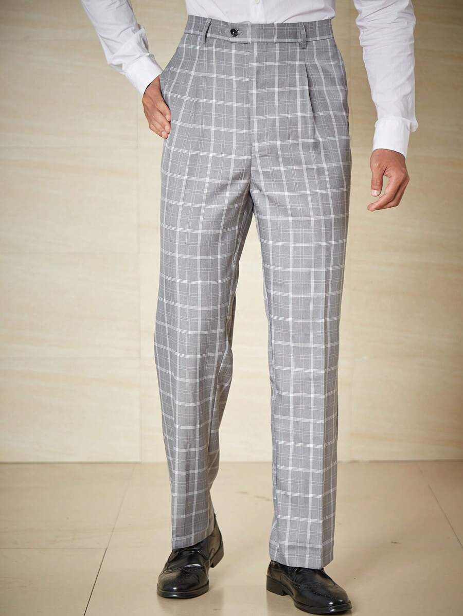 Manfinity Mode 男士大码格紋印花斜口袋西裝褲 - 灰色 - 查看 1
