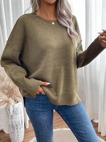 SHEIN Essnce 素色落肩袖套頭毛衣 - 軍綠色 - 查看 4