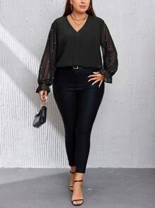 SHEIN Privé Plus Pearls Beaded Flounce Sleeve Blouse - Black - View 3