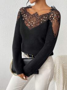 Calvaya Contrast Lace Raglan Sleeve Sweater