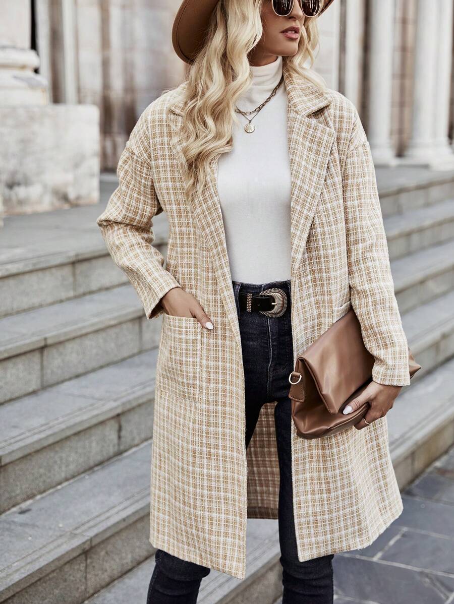 SHEIN LUNE Plaid Dual Pocket Drop Shoulder Tweed Overcoat Fall Cloth For Women - Khaki - View 1