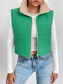 SHEIN LUNE 拉链短款背心加厚加垫外套衣服冬季 - 綠色 - 查看 3