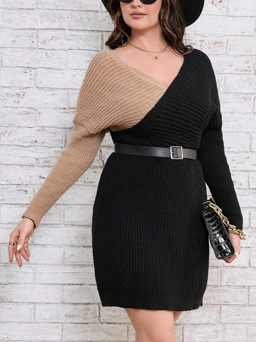 SHEIN LUNE 大碼雙色蝙蝠袖毛衣洋裝不附腰帶 - 彩色 - 查看 1