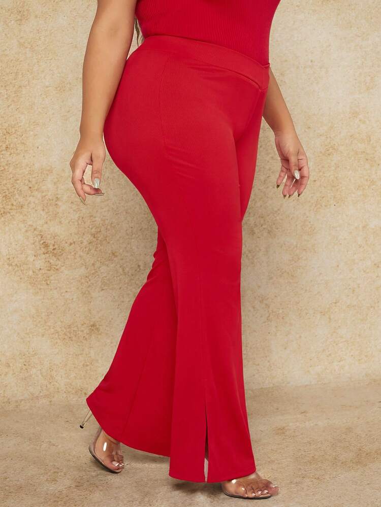 slim fit dress slacks Red High-Waisted Flared Trousers
