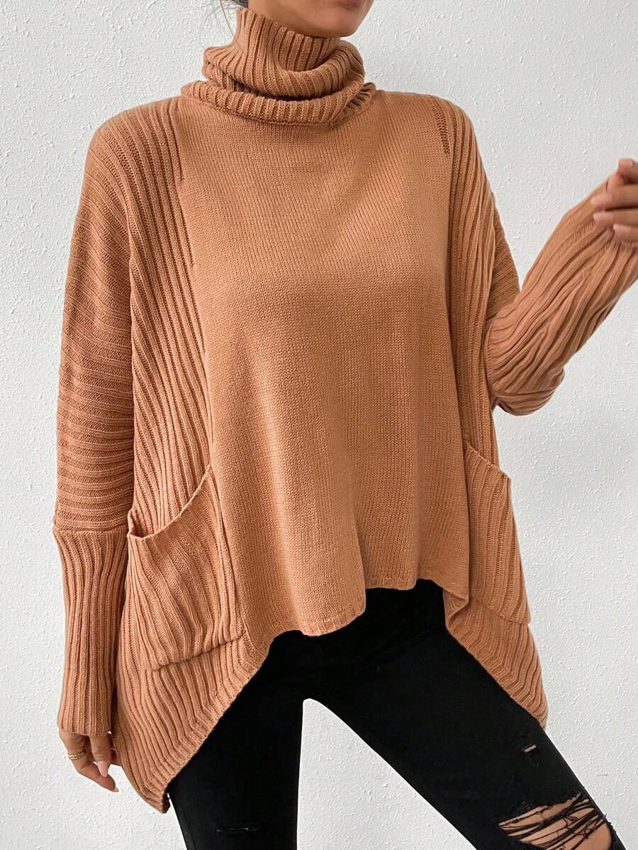 SHEIN LUNE 高领蝙蝠袖双口袋不对称下摆针织套头衫秋冬毛衣 - 卡其色 - 查看 1