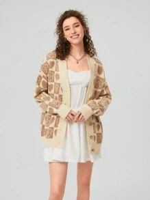 Forever 21 Ladies' Loose Fit Cardigan With Flower & Heart Pattern - Multicolor - View 2