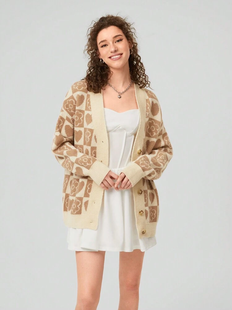 Ladies' Loose Fit Cardigan With Flower & Heart Pattern