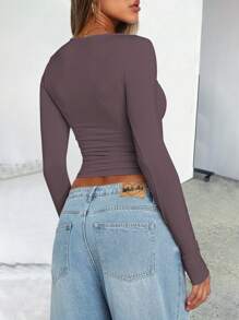 Áo thun nữ dài tay cổ tròn, màu trơn, dáng ôm, thanh lịch và đa năng, thích hợp cho mùa hè, thu/đông và mùa xuân. - Bụi tím - Xem 2