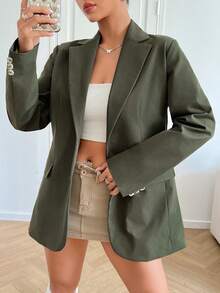 SHEIN EZwear Cổ áo Chi tiết về Flap Nút đơn Áo vest - màu xanh lá - Xem 5