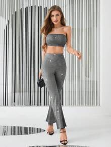 SHEIN Privé Glitter Tube Top & Flare Leg Pants - Black - View 2