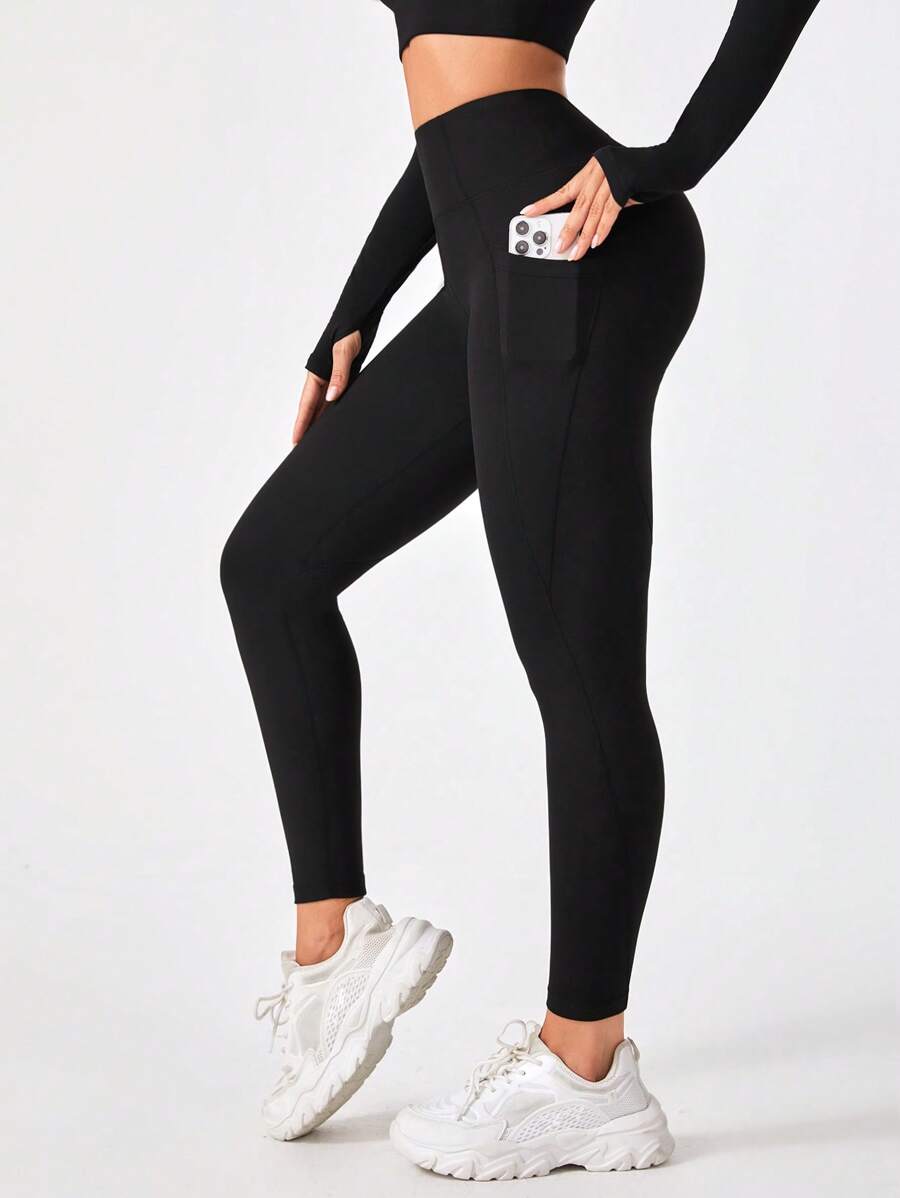 Chất rắn Thắt lưng rộng Túi đựng điện thoại Quần Xà cạp thể thao - màu đen - Xem 1