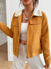 SHEIN EZwear Borg Collar Flap Pocket Zipper Up Jacket - Brown - View 4