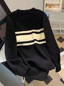Striped Drop Shoulder Oversized Sweater - Black - View 2
