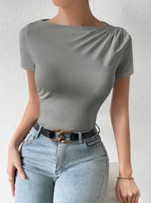 SHEIN Privé Solid Boat Neck Ruched Detail Tee - Grey - View 7