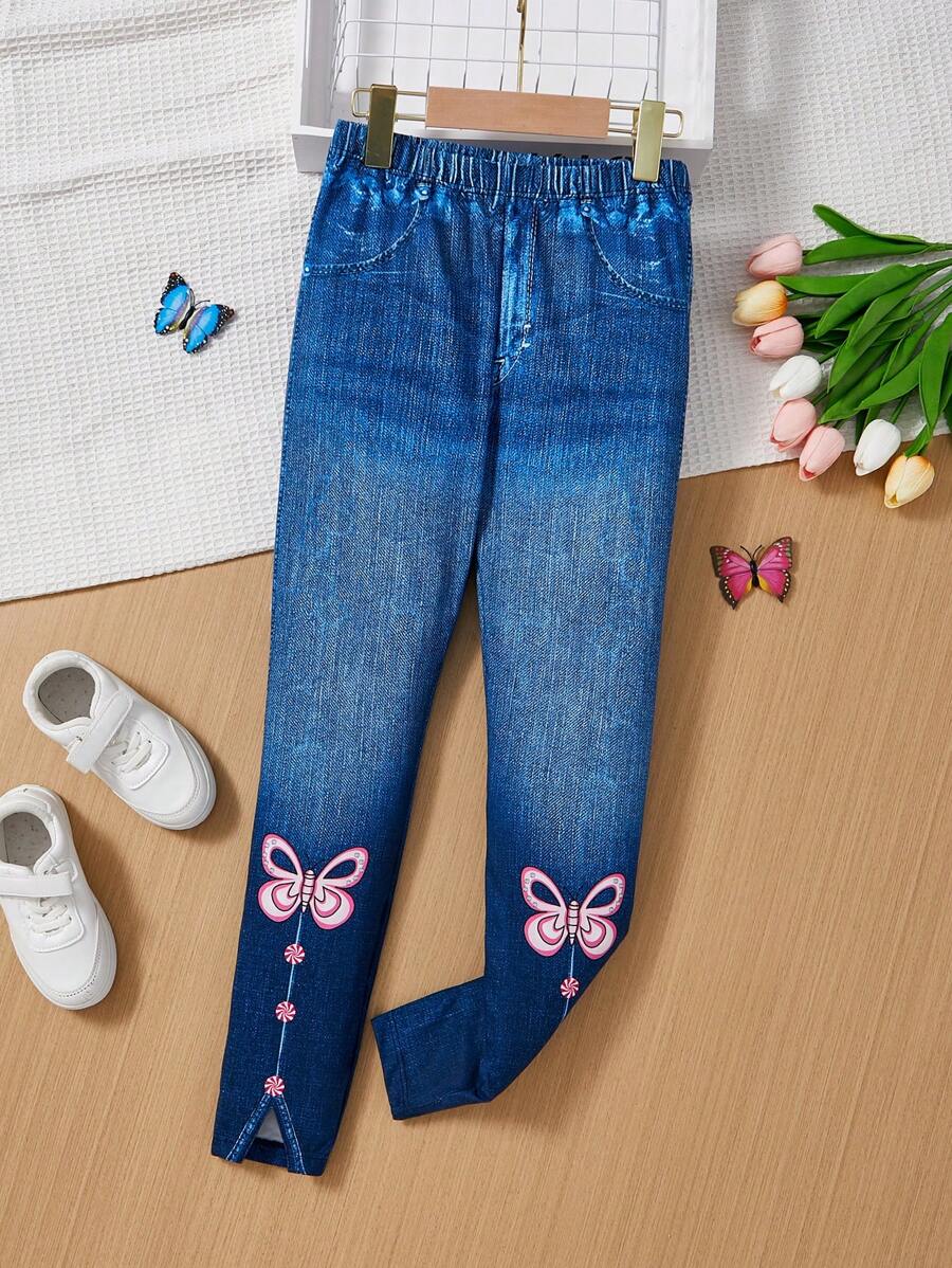 SHEIN Chica preadolescente Leggings con estampado de mariposa bajo con abertura
