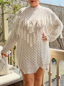 SHEIN MOOSTA Talla grande Vestido de punto ribete con fleco de hombros caídos bajo con abertura - Blanco - Ver 1