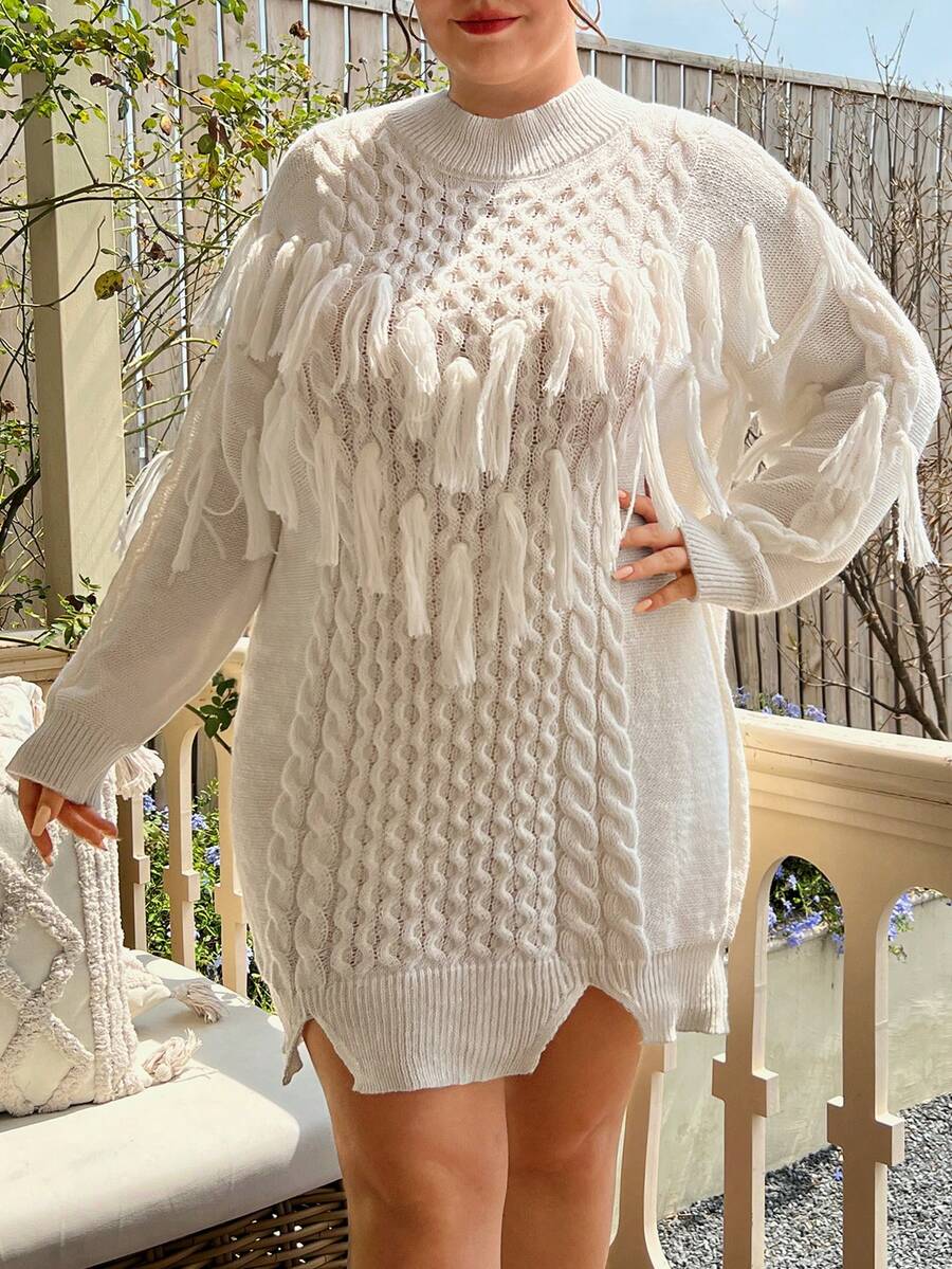 SHEIN MOOSTA Talla grande Vestido de punto ribete con fleco de hombros caídos bajo con abertura - Blanco - Ver 1