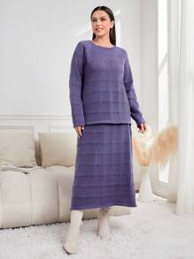 Mulvari Plus Raglan Sleeve Sweater & Knit Skirt 2 Piece Set - Purple - View 4