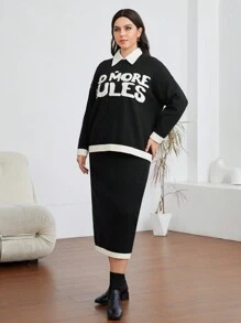 Mulvari Plus Letter Pattern Drop Shoulder Sweater & Knit Skirt - Black and White - View 6