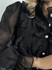 Firerie Flounce Sleeve Ruffle Trim Button Front Shirt,Long Sleeve Tops - Black - View 8